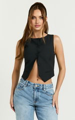 Lalisa Top - Tailored Crew Neck Crop Vest in Black