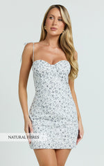 Larson Mini Dress - Tie Strap Ruched Bust Dress in White/Blue