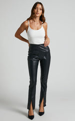 Lenette - High Waisted Faux Leather Split Hem Leggings in Black