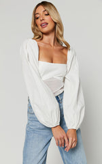 Lincy Bodysuit - Puff Long Sleeve Mesh Waist Detail Bodysuit in White