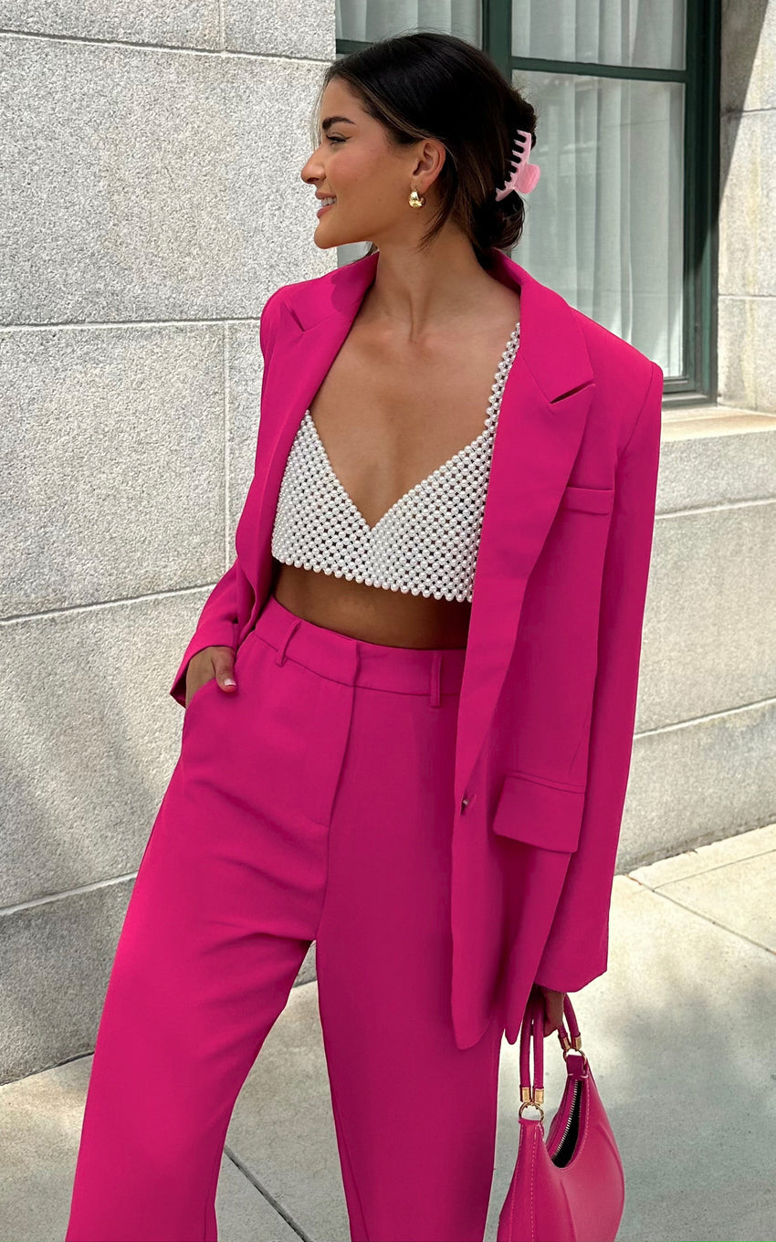 Michelle Blazer - Oversized Plunge Neck Button Up Blazer in Pink