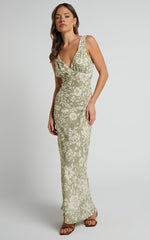 Mauriel Midi Dress - Deep V Gathered Bust Slip Dress in Green Floral