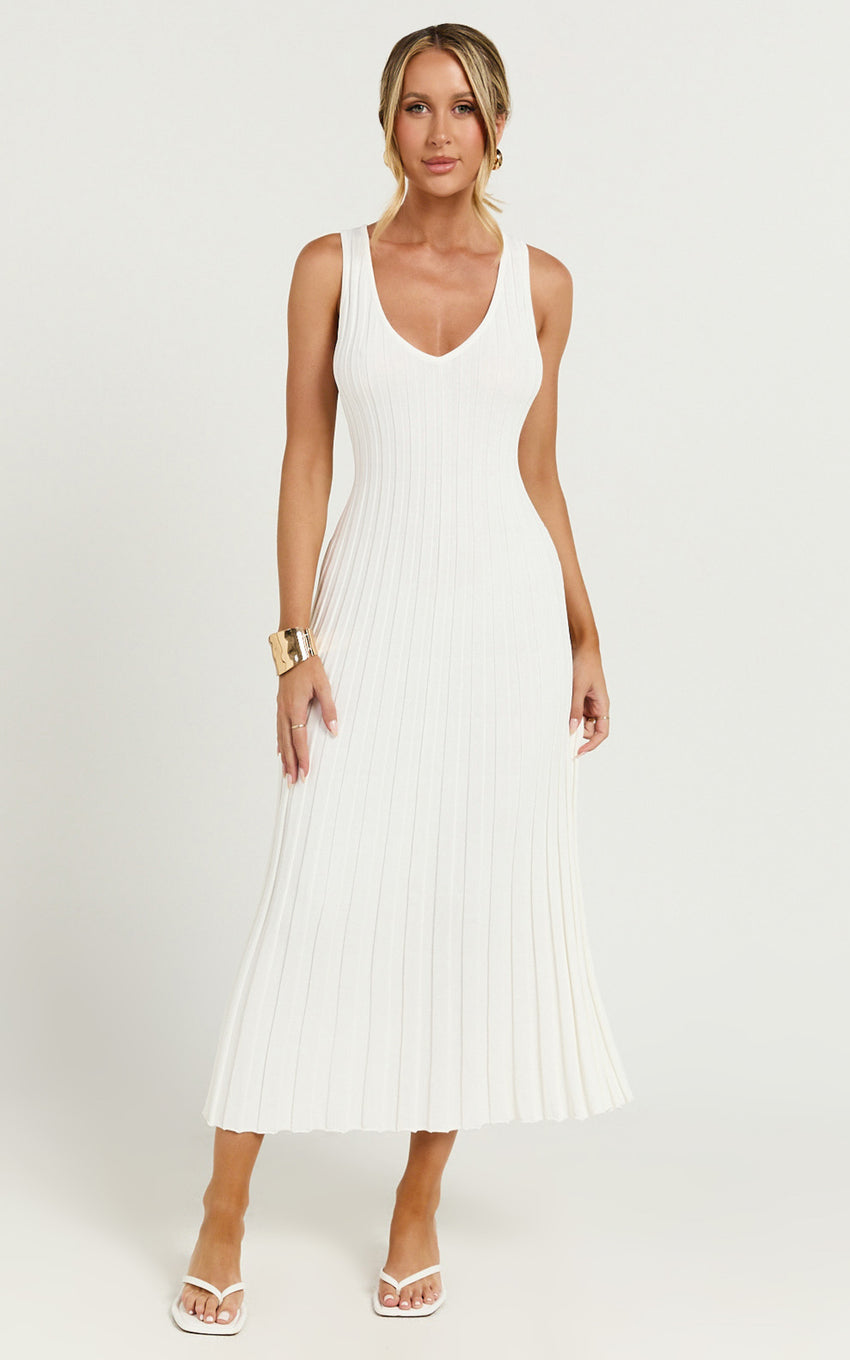 Maya Midi Knit Dress - Sleeveless V Neck Knited Dress in White