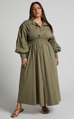 Merabelle Midi Dress - Side Cut Out Collared Long Sleeve Shirt Dress in Olive