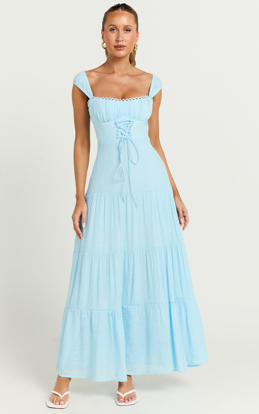 Nabby Midi Dress - Sweetheart Ruched Bust Short Sleeve Dress in Blue