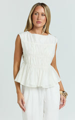 Naomi Top - Shirred Short Sleeve Top in White