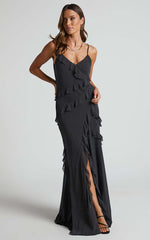 Nitha Maxi Dress - Asymmetrical Frill Thigh Split Dress in Black Polka