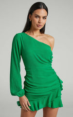 Paige Mini Dress - One Shoulder Frill Hem Wrap Skirt Dress in Green