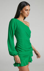 Paige Mini Dress - One Shoulder Frill Hem Wrap Skirt Dress in Green