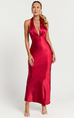Prima Midi Dress - Plunge Satin Dress in Red