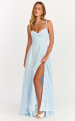 Rachel Maxi Dress - Sweetheart Neckline Jacquard Front Split Dress in Ice Blue