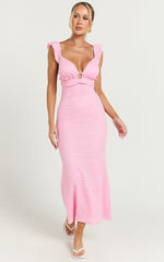 Roycie Midi Dress - Frill Sleeve V Neck Dress in Pink