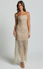 Ruth Midi Dress - Strappy Straight Neck Slip Dress in Natural