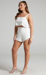 Zanrie Two Piece Set - Linen Square Neck Crop Top and High Waist Mini Flare Shorts Set in White Linen Look