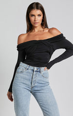 Shamaira Bodysuit - Twist Front Off Shoulder Long Sleeve in Black