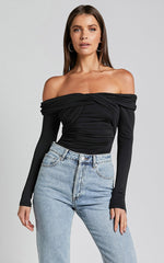 Shamaira Bodysuit - Twist Front Off Shoulder Long Sleeve in Black