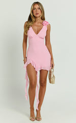 Solange Mini Dress - Ruffle Shoulder High Leg Dress in Frost Pink