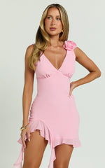 Solange Mini Dress - Ruffle Shoulder High Leg Dress in Frost Pink