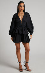 Suki Mini Dress - Plunge Neck Balloon Sleeve Tiered Ruffle Dress in Black