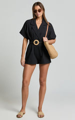 Thaisa Playsuit - Short Sleeve Collared Belted Playsuit in Black
