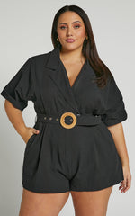 Thaisa Playsuit - Short Sleeve Collared Belted Playsuit in Black
