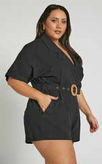 Thaisa Playsuit - Short Sleeve Collared Belted Playsuit in Black