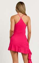 Tobi Mini Dress - Asymmetric Ruffle Cowl Neck Dress in Pink
