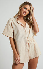 Vina Del Mar Two Piece Set - Linen Look Shirt and Shorts Set in Oatmeal
