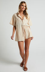 Vina Del Mar Two Piece Set - Linen Look Shirt and Shorts Set in Oatmeal