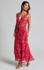Welmina Midi Dress - Plunge Neck Sleeveless Slip in Havana Silhouette floral