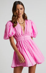 Xandy Mini Dress - Textured Puff Sleeve Plunge Dress in Pink