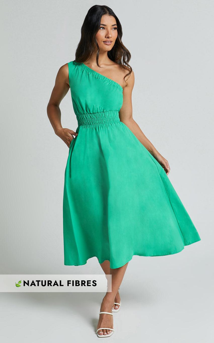 Yulia Midi Dress - One Shoulder Shirred Waist Dress in Green