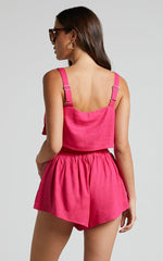 Zanrie Two Piece Set - Linen Square Neck Crop Top and High Waist Mini Flare Shorts Set in Hot Pink