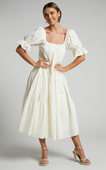 Zaharrah Midi Dress - Tiered Dress in Cream Linen Look