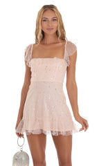Celosia Sequin Shimmer Ruffle Dress in Pink