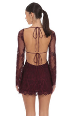 Lace Open Back Long Sleeve Dress in Burgundy