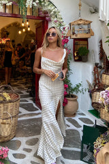 Dotted Moment Satin Polka Dot Midi Dress Cream