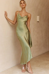 Morning Sun Cowl Neckline Asymmetrical Hem Midi Dress Olive